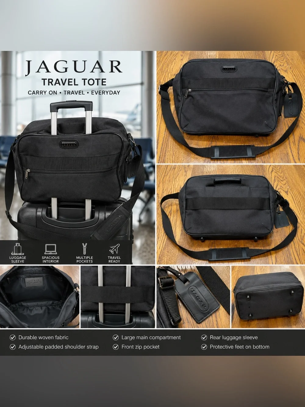Jaguar Black Travel Tote - Men's Carry-On Shoulder Bag